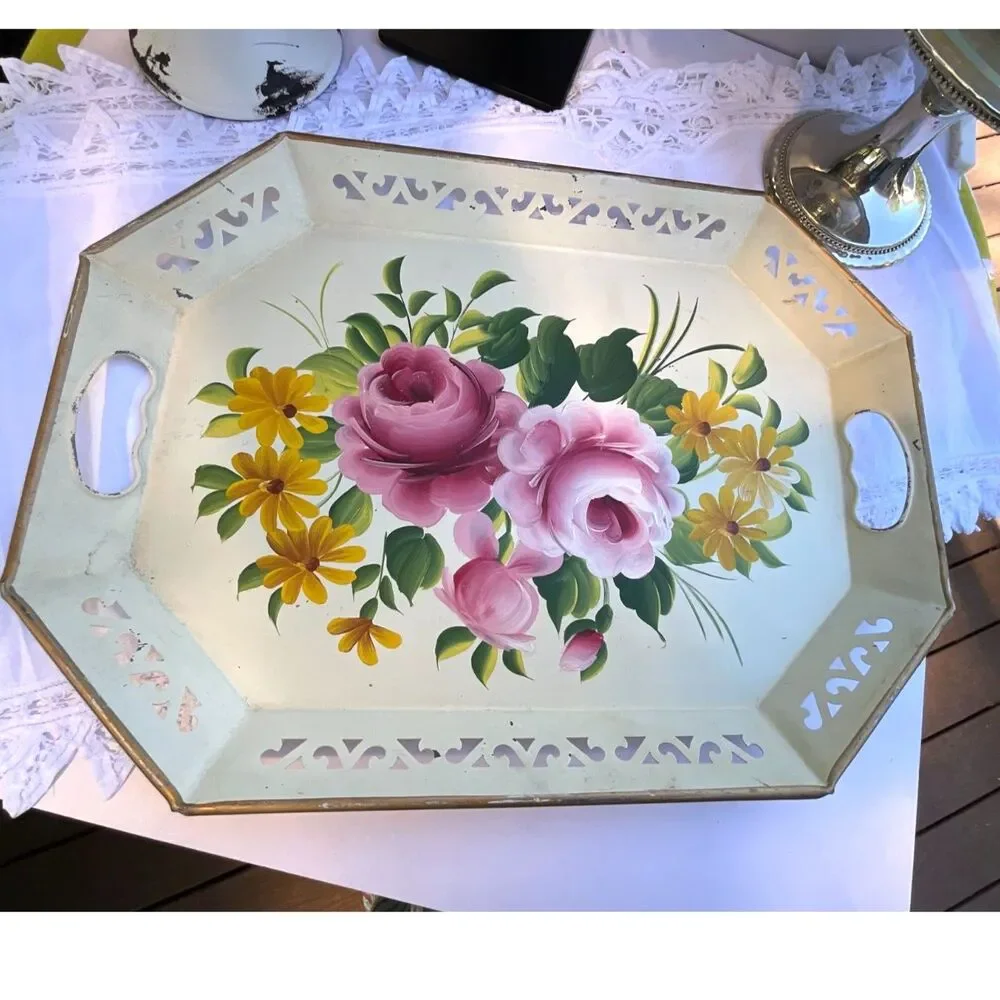 Hand Painted Shabby Cottage Vintage Tole Tray Beautiful tole tray